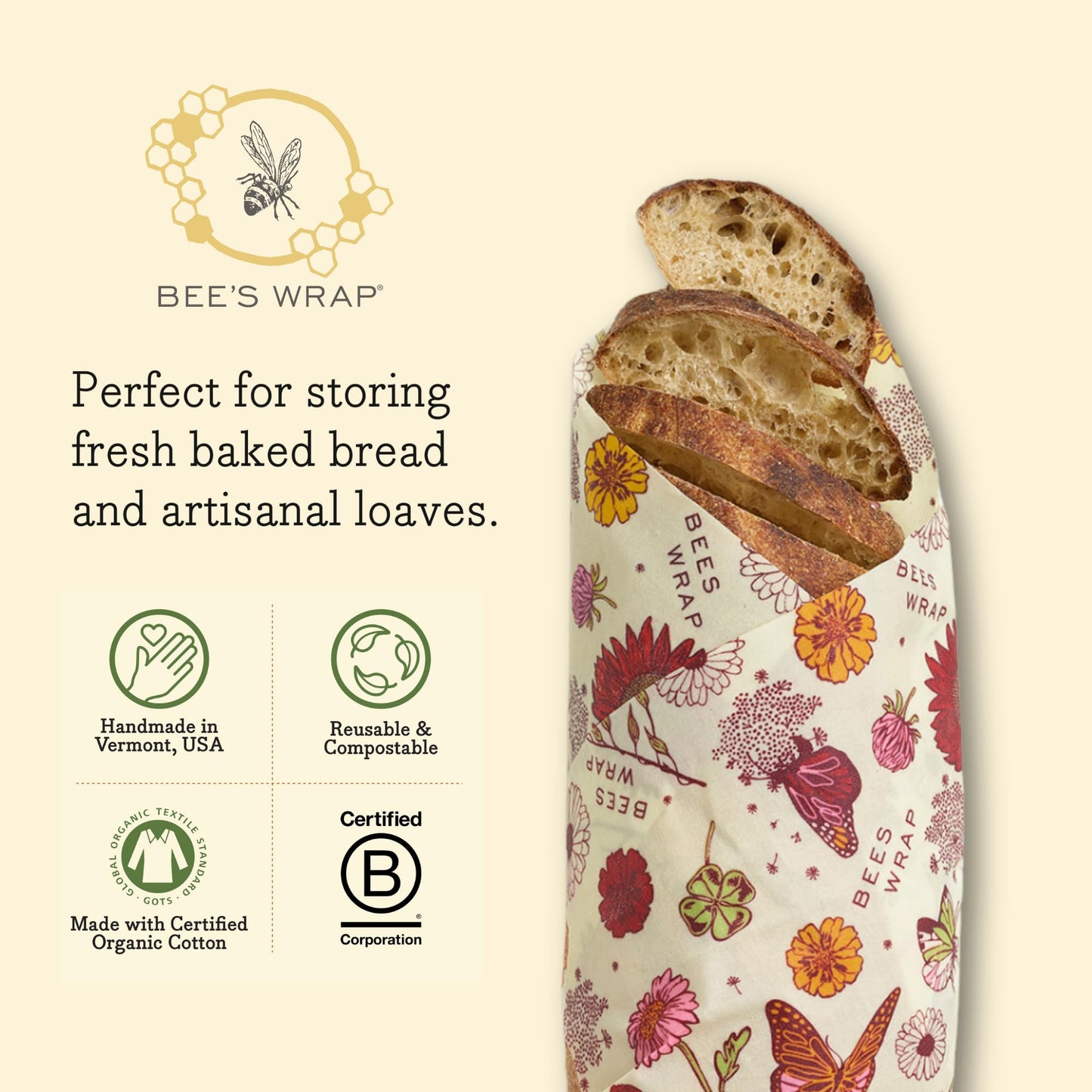 Bee's Wrap Reusable Vegan Alternative to Beeswax Food Wraps, Made in the USA, Eco Friendly Food Wraps, Sustainable Food Storage Containers, Organic Food Wraps, Bread Wrap for Homemade Bread, Vegan