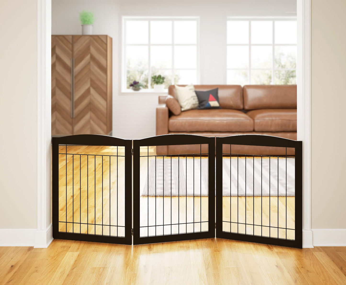 PAWLAND 144-inch Extra Wide 30-inches Tall Dog gate with Door Walk Through, Freestanding Wire Pet Gate for The House, Doorway, Stairs, Pet Puppy Safety Fence, Support Feet Included, Espresso,6 Panels