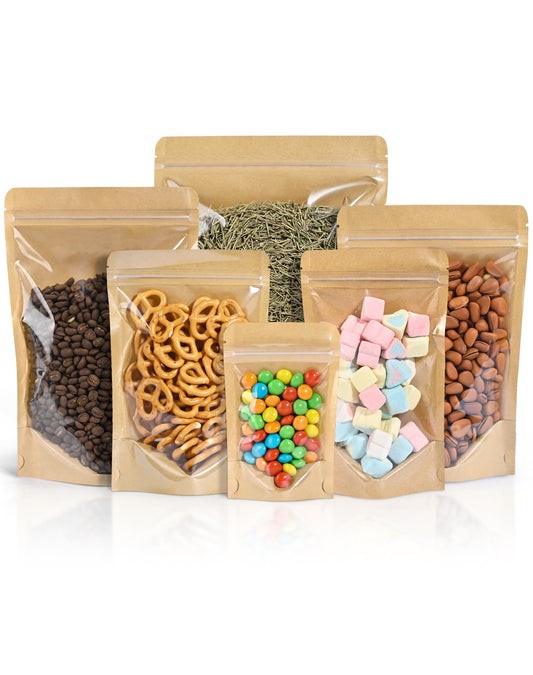 FireKylin 100 PCS Stand Up Pouches,3.5"x5.5" Kraft Bags With Window Clear Fornt Pouches Resealable Zip Lock Food Storage Brown