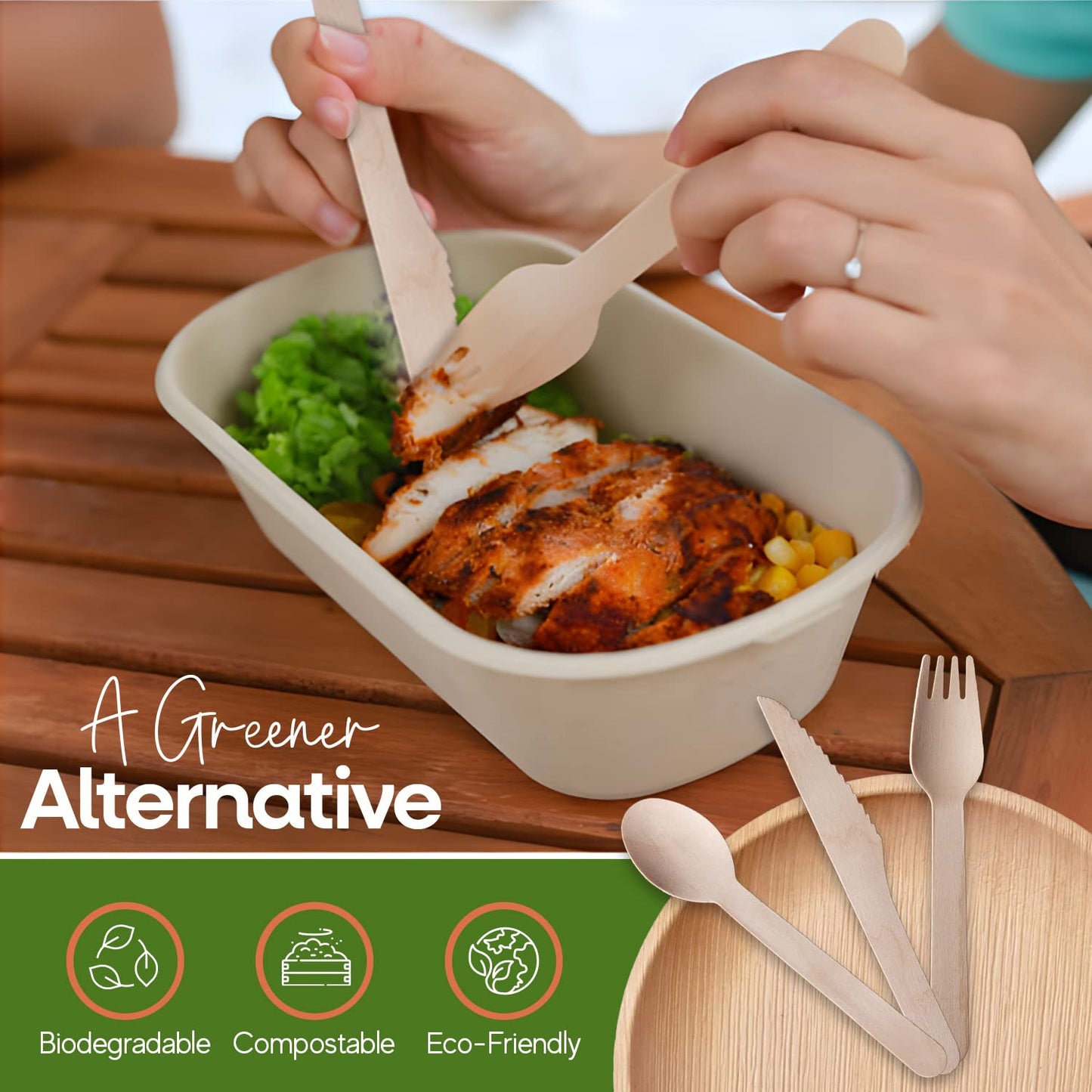 FOOGO Green Juego de cubiertos de madera desechables | 50 tenedores, 50 cucharas, 50 cuchillos | Compostables biodegradables| Juego de cubiertos ecológicos | pícnic de fiesta