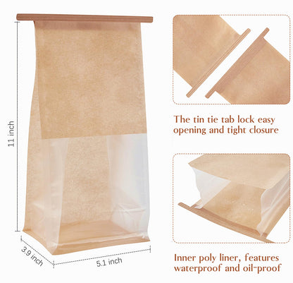 Ocmoiy 50Pcs Large Bread Bags for Homemade Bread, Resealable Sourdough Bread Bags, Clear Front Tin Tie Tab Lock Bread Storage Bags with Window Paper Treat Bags (8.7x4.3x11 Inch)