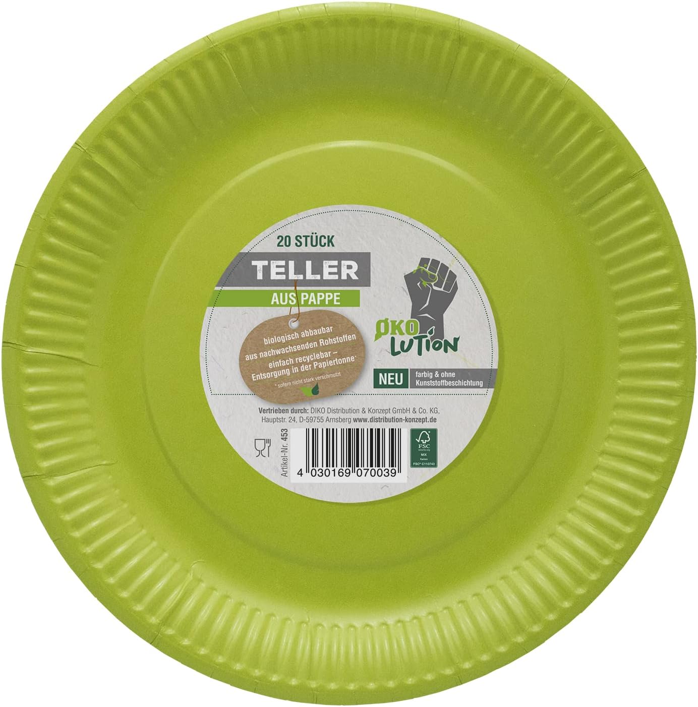 Ökolution Platos desechables (20 unidades, redondos, sin revestimiento de plástico, cartón FSC, embalaje respetuoso con el medio ambiente), color verde