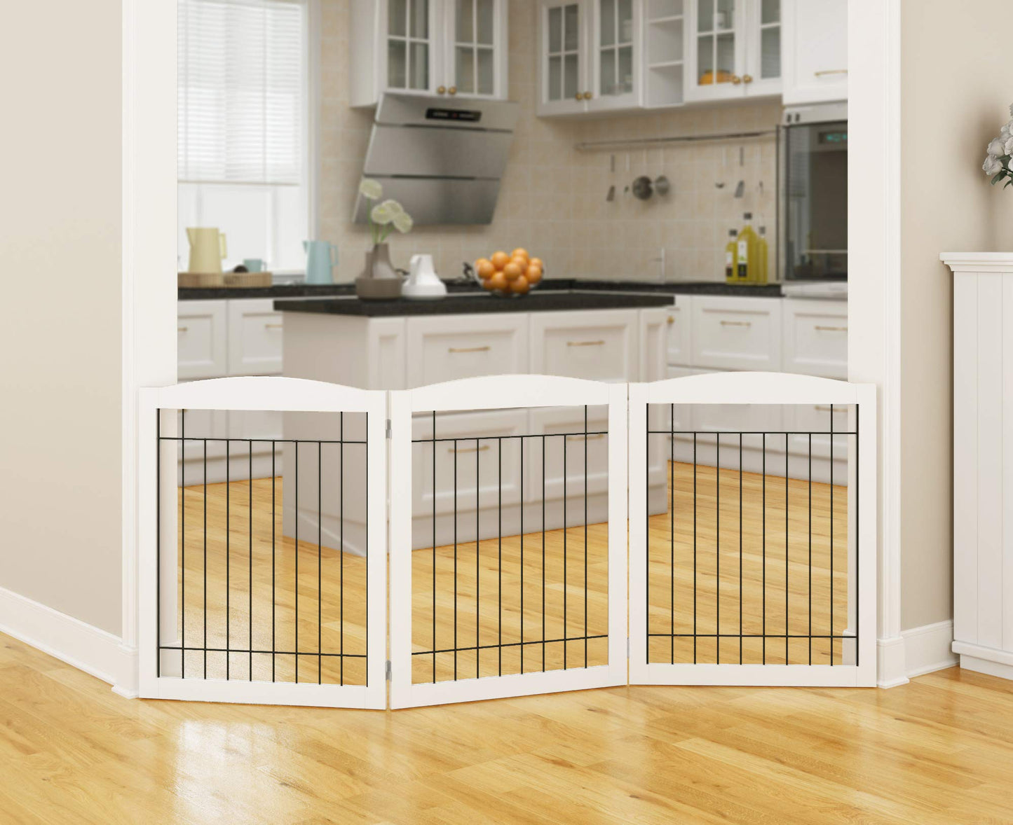 PAWLAND 144-inch Extra Wide 30-inches Tall Dog gate with Door Walk Through, Freestanding Wire Pet Gate for The House, Doorway, Stairs, Pet Puppy Safety Fence, Support Feet Included, Espresso,6 Panels