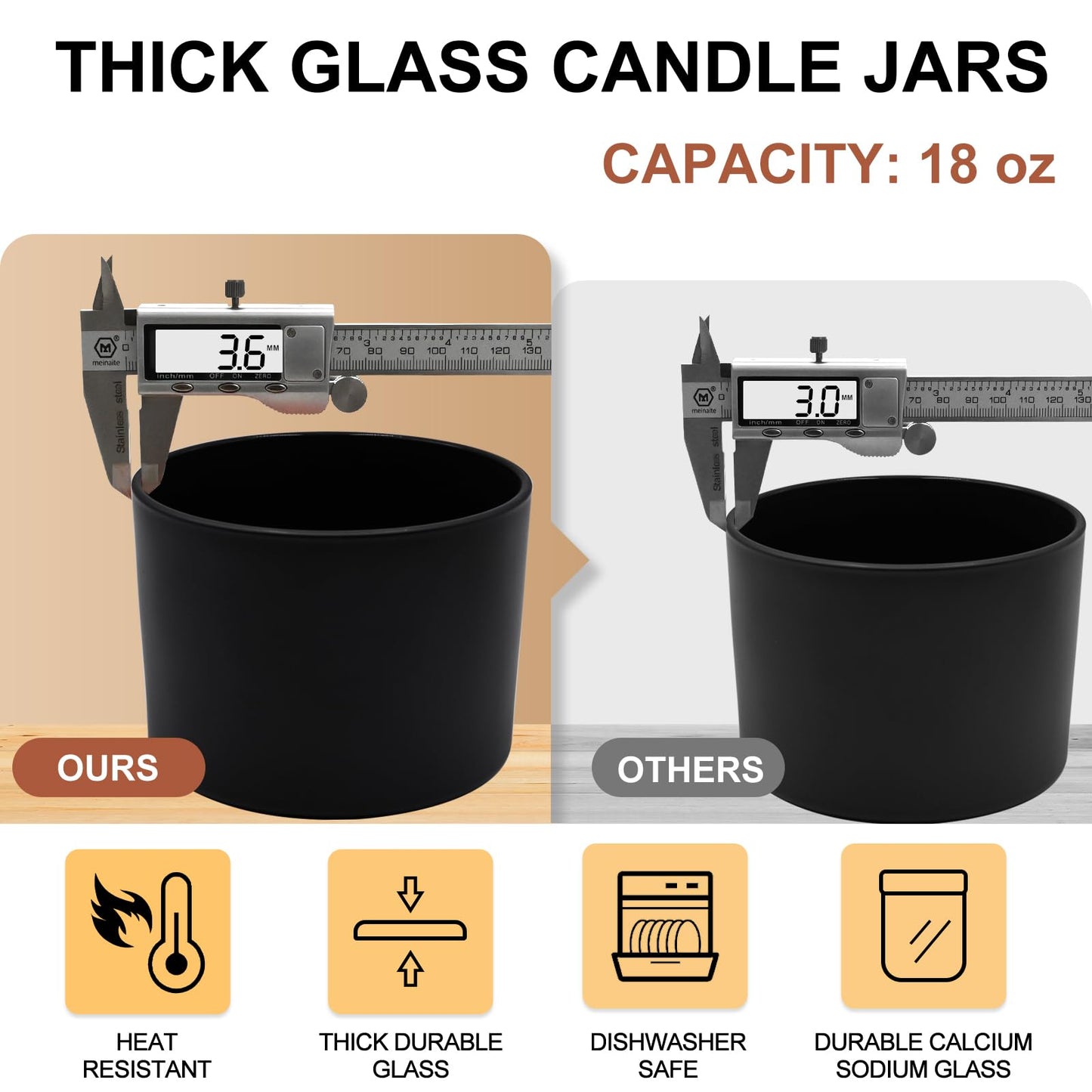 SHOWIN 18 OZ Thick Candle Jars for Making Candles 6 Pcs, Empty Jars with Wood Lids for Candle Making, Sample Container,Frosted White