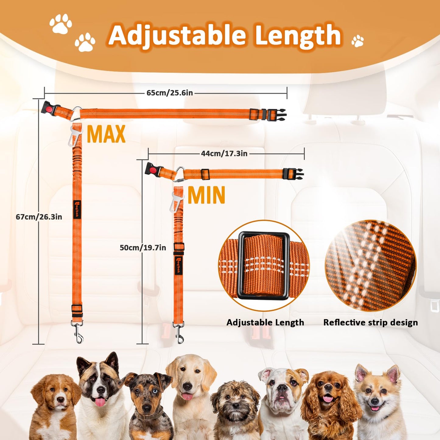 Removable Dog Seat Belt Harness for Car, 3 in 1 Pet Dog Car Seatbelt Leash, Retractable Restraint Secures to Vehicle Headrest & Adjustable Reflective Bungee Dog Seatbelt Tether, Blue and Black