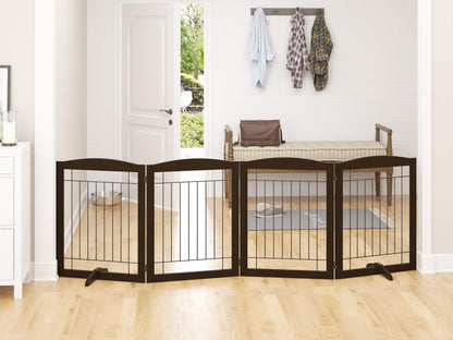 PAWLAND 144-inch Extra Wide 30-inches Tall Dog gate with Door Walk Through, Freestanding Wire Pet Gate for The House, Doorway, Stairs, Pet Puppy Safety Fence, Support Feet Included, Espresso,6 Panels