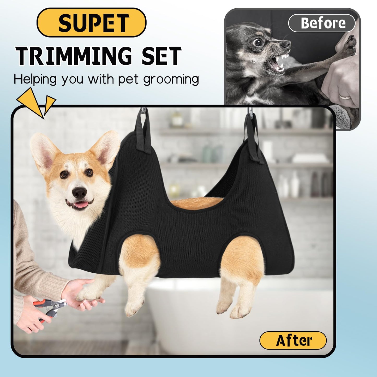Supet Dog Grooming Hammock for Small Dogs Cat, Relaxation Pet Grooming Hammock Restraint for Nail Trimming (Coral Blue, S（ Legs Spacing：7-10.2" / Max W：15-35LBS）)