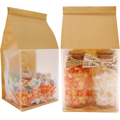Bakery Bags with Window Cookie Bags for Packaging 50Pcs 5.1x4.3x11 Inches Brown Kraft Paper Tin Tie Tab Lock Candy Bags Treat Bags, Popcorn, Coffee Bags Resealable