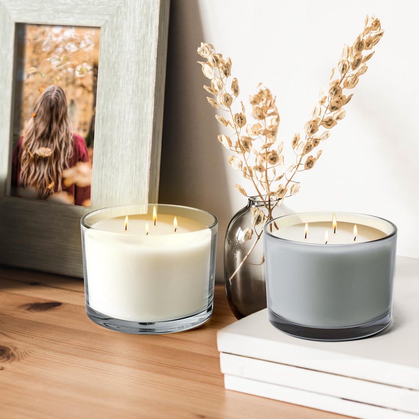 SHOWIN 18 OZ Thick Candle Jars for Making Candles 6 Pcs, Empty Jars with Wood Lids for Candle Making, Sample Container,Frosted White