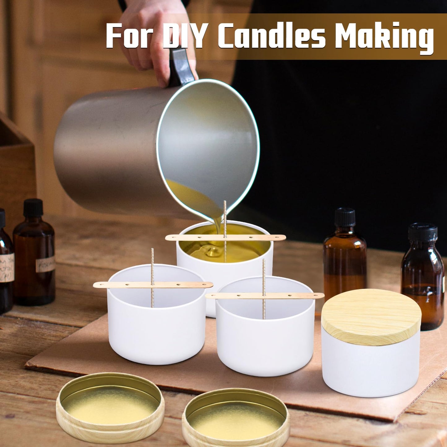 YJHSS 48-Pack White Candle Tins, 24pcs 8oz + 24pcs 4oz Candle tins with Metal Wood-Grain Printing Lids, Empty Candle Jars for Making Candles, Bulk Candle Containers Candle Making Jars for Christmas