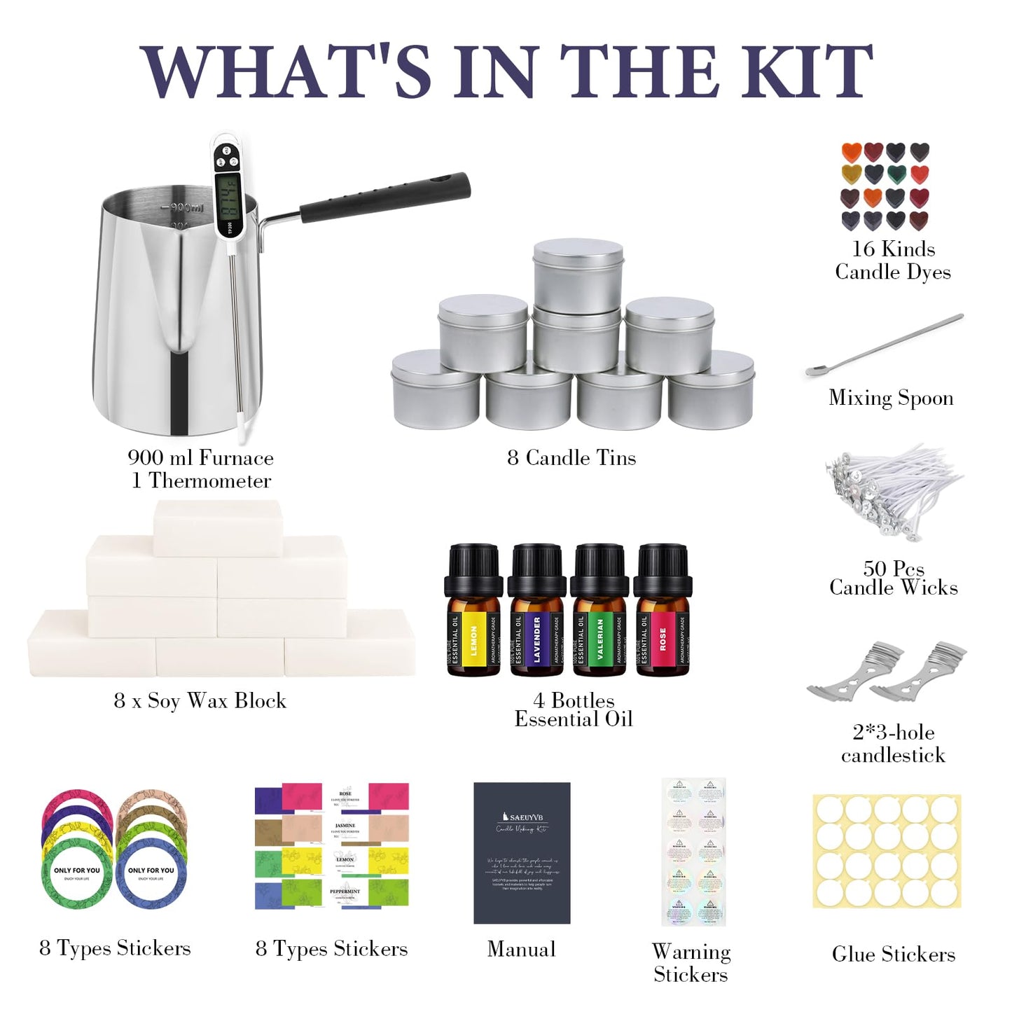 SAEUYVB Candle Making Kit - DIY Starter Soy Candle Making Supplies/Kit - Soy Wax, 10 Jars & Tins, 10 Pleasant Scents, Color Dyes & More，Perfect Candle Making Kit for Adults