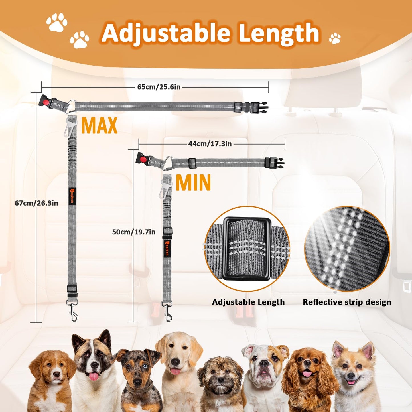 Removable Dog Seat Belt Harness for Car, 3 in 1 Pet Dog Car Seatbelt Leash, Retractable Restraint Secures to Vehicle Headrest & Adjustable Reflective Bungee Dog Seatbelt Tether, Blue and Black