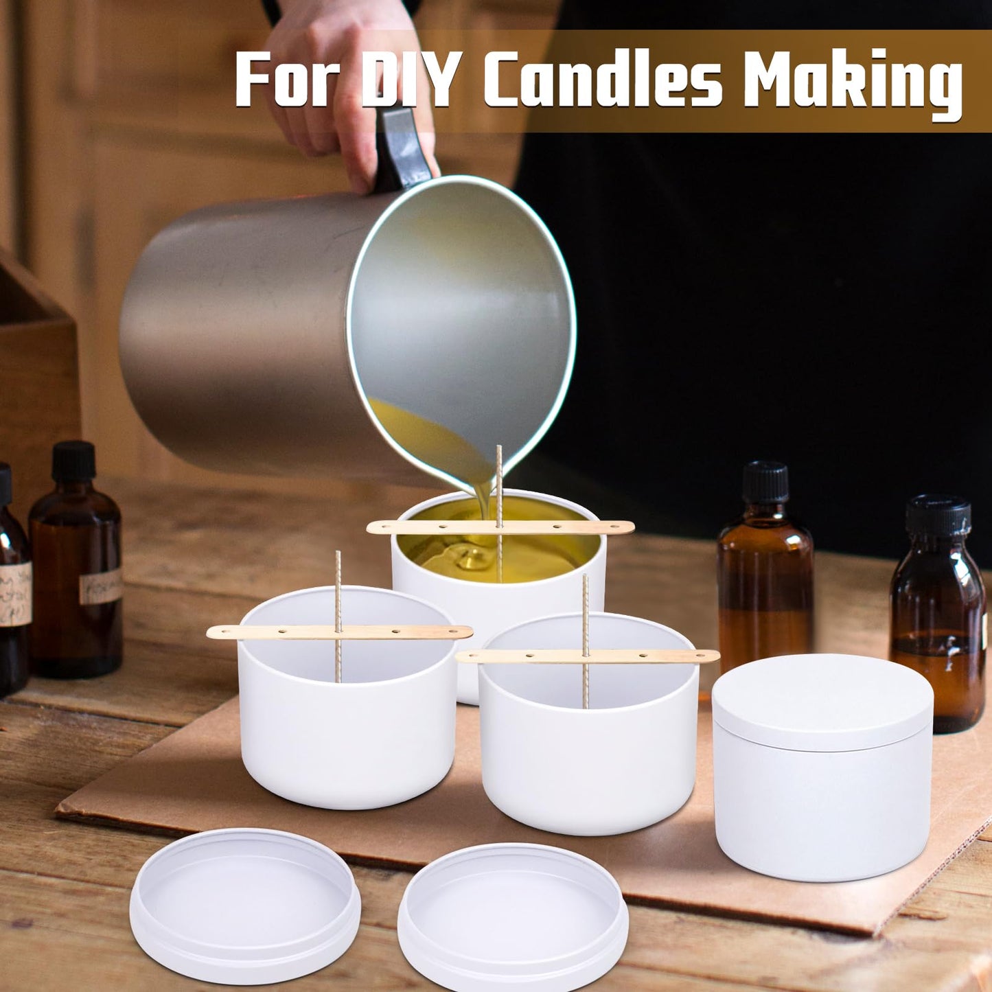 YJHSS 48-Pack White Candle Tins, 24pcs 8oz + 24pcs 4oz Candle tins with Metal Wood-Grain Printing Lids, Empty Candle Jars for Making Candles, Bulk Candle Containers Candle Making Jars for Christmas