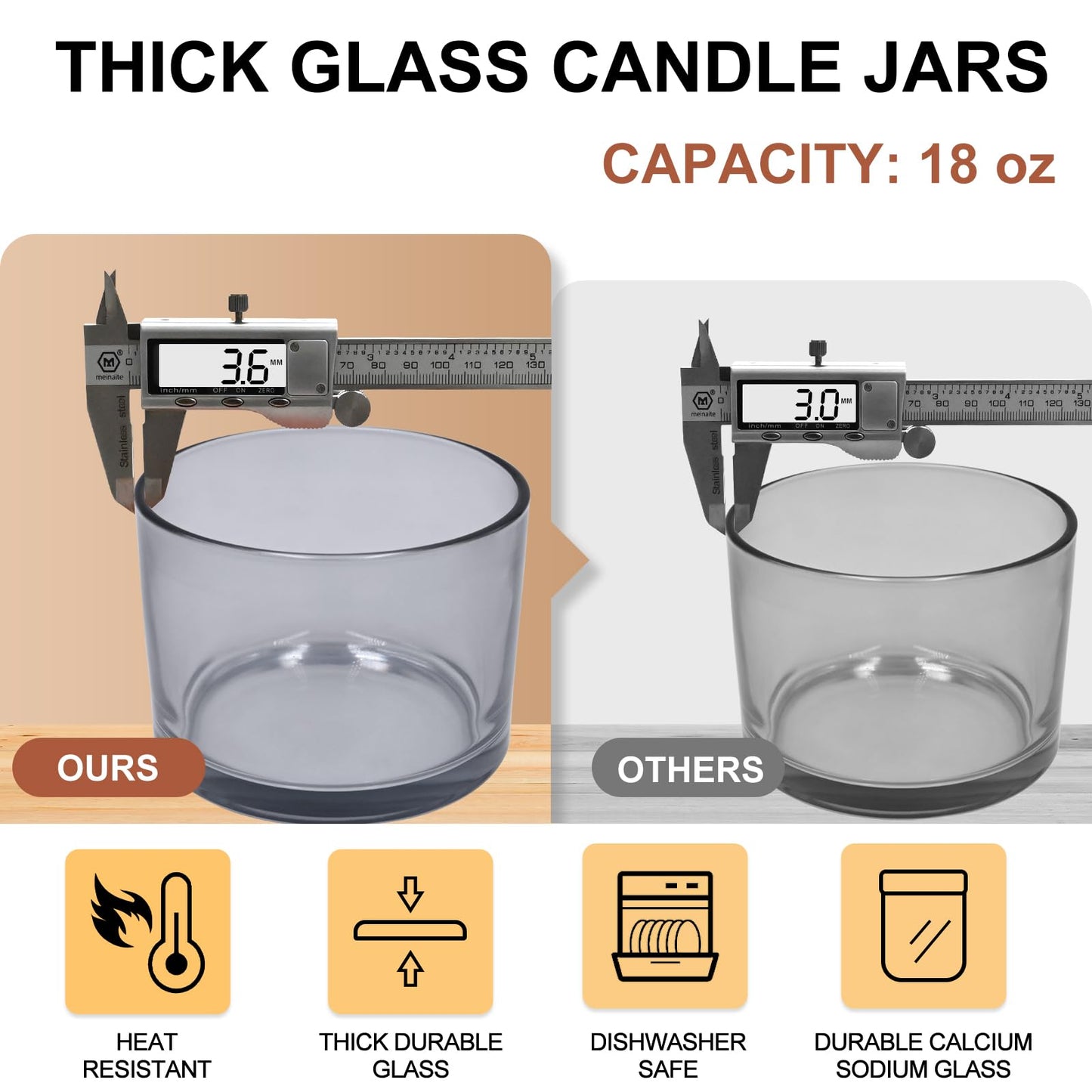 SHOWIN 18 OZ Thick Candle Jars for Making Candles 6 Pcs, Empty Jars with Wood Lids for Candle Making, Sample Container,Frosted White
