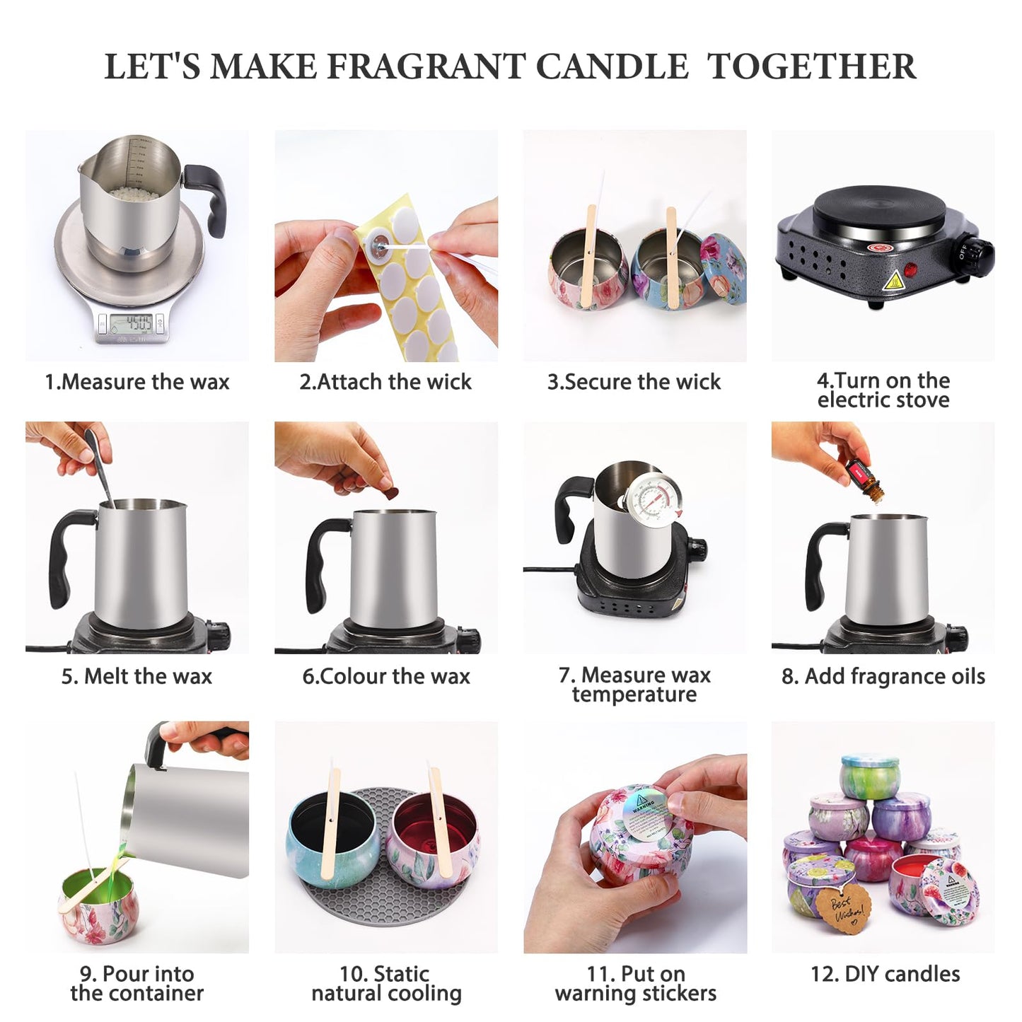 SAEUYVB Candle Making Kit - DIY Starter Soy Candle Making Supplies/Kit - Soy Wax, 10 Jars & Tins, 10 Pleasant Scents, Color Dyes & More，Perfect Candle Making Kit for Adults