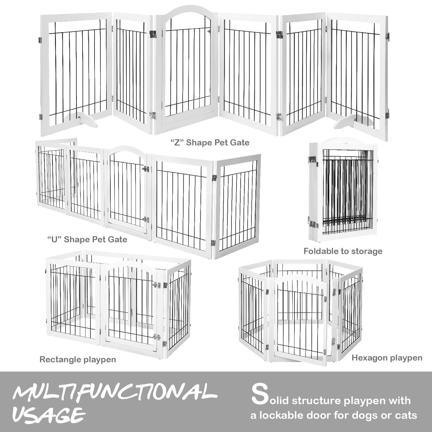 PAWLAND 144-inch Extra Wide 30-inches Tall Dog gate with Door Walk Through, Freestanding Wire Pet Gate for The House, Doorway, Stairs, Pet Puppy Safety Fence, Support Feet Included, Espresso,6 Panels