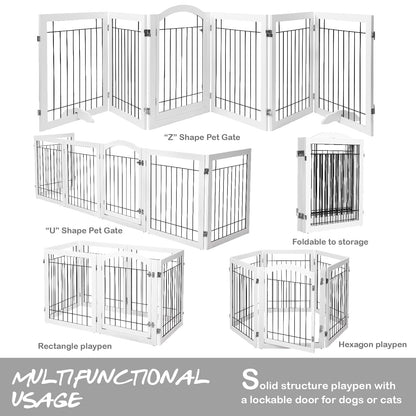 PAWLAND 144-inch Extra Wide 30-inches Tall Dog gate with Door Walk Through, Freestanding Wire Pet Gate for The House, Doorway, Stairs, Pet Puppy Safety Fence, Support Feet Included, Espresso,6 Panels