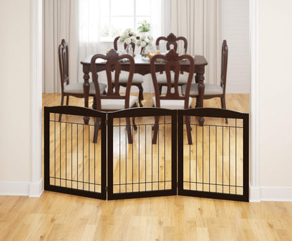 PAWLAND 144-inch Extra Wide 30-inches Tall Dog gate with Door Walk Through, Freestanding Wire Pet Gate for The House, Doorway, Stairs, Pet Puppy Safety Fence, Support Feet Included, Espresso,6 Panels