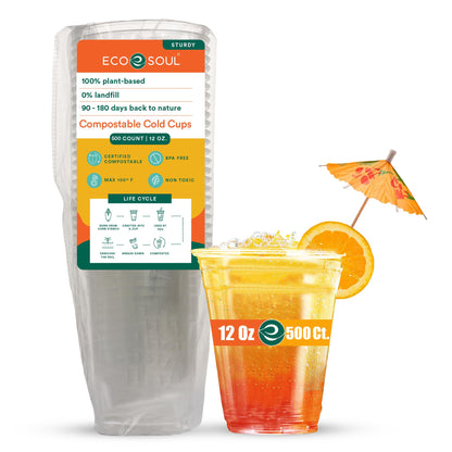 ECO SOUL 100% Clear Compostable Party Cups | (50 Count, 12 oz) | Disposable | Biodegradable | Plant Based Eco-friendly Alternative to Paper & Plastic Cups | BPI Certified | For Weddings & Gatherings