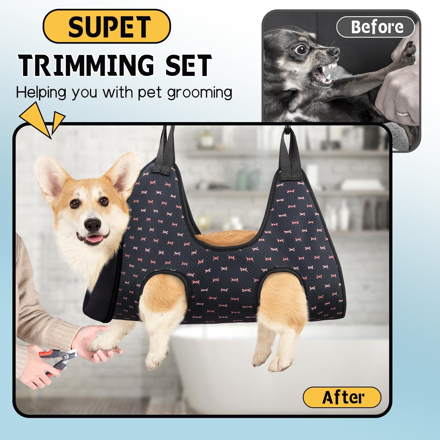 Supet Dog Grooming Hammock for Small Dogs Cat, Relaxation Pet Grooming Hammock Restraint for Nail Trimming (Coral Blue, S（ Legs Spacing：7-10.2" / Max W：15-35LBS）)