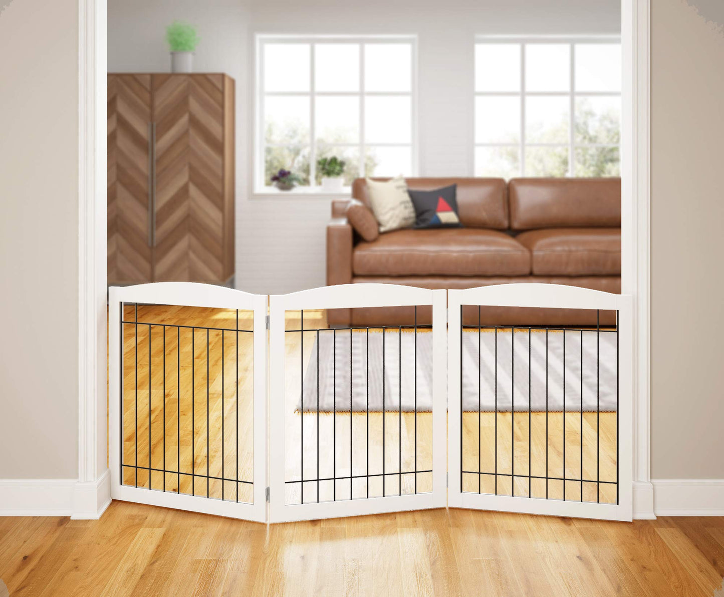PAWLAND 144-inch Extra Wide 30-inches Tall Dog gate with Door Walk Through, Freestanding Wire Pet Gate for The House, Doorway, Stairs, Pet Puppy Safety Fence, Support Feet Included, Espresso,6 Panels