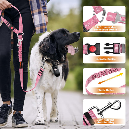 Removable Dog Seat Belt Harness for Car, 3 in 1 Pet Dog Car Seatbelt Leash, Retractable Restraint Secures to Vehicle Headrest & Adjustable Reflective Bungee Dog Seatbelt Tether, Blue and Black