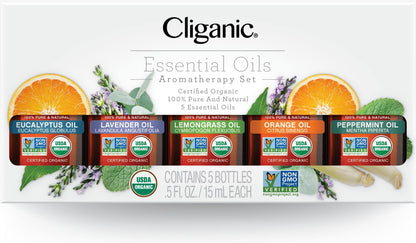 Cliganic Organic Essential Oils Set (Top 5) - 100% Pure Natural - Aromatherapy, Candle Making - Peppermint, Lavender, Eucalyptus, Lemongrass & Orange (Packaging May Vary)