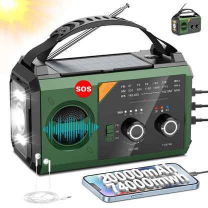 20000mAh Hand Crank Emergency Radio,AM/FM NOAA Weather Radio with 74000mWh Power Bank Cell Phone Charger,Solar Radio with LED Flashlight,USB Charged,Compass,SOS Alarm Camping & Survival(Grass Green)