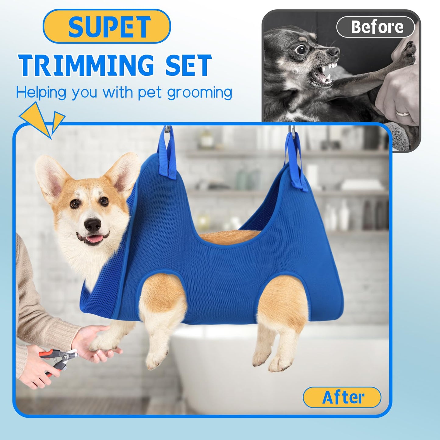 Supet Dog Grooming Hammock for Small Dogs Cat, Relaxation Pet Grooming Hammock Restraint for Nail Trimming (Coral Blue, S（ Legs Spacing：7-10.2" / Max W：15-35LBS）)