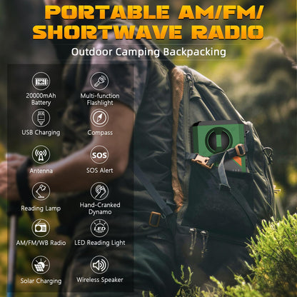 20000mAh Hand Crank Emergency Radio,AM/FM NOAA Weather Radio with 74000mWh Power Bank Cell Phone Charger,Solar Radio with LED Flashlight,USB Charged,Compass,SOS Alarm Camping & Survival(Grass Green)