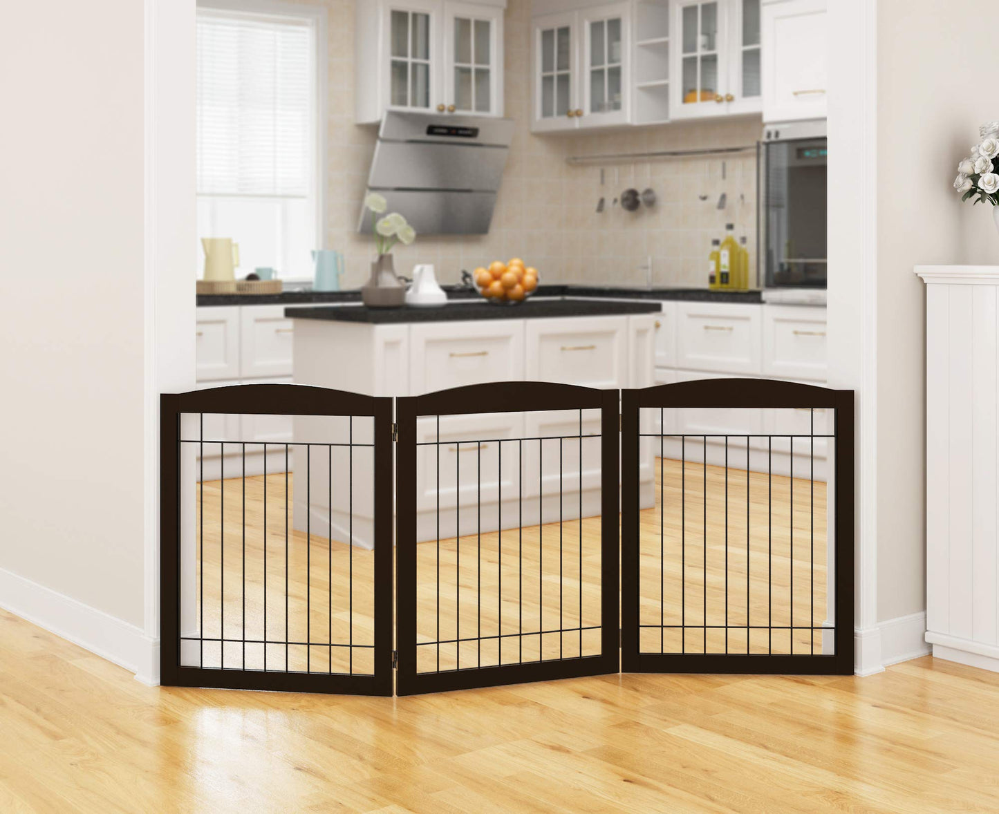 PAWLAND 144-inch Extra Wide 30-inches Tall Dog gate with Door Walk Through, Freestanding Wire Pet Gate for The House, Doorway, Stairs, Pet Puppy Safety Fence, Support Feet Included, Espresso,6 Panels