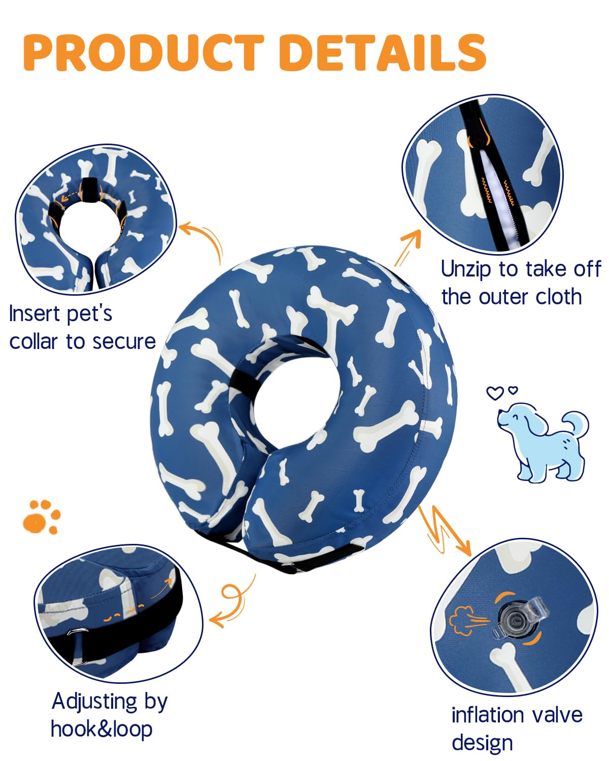 Supet Inflatable Dog Cone Collar Alternative After Surgery, Doggie Neck Donut Collar Recovery ECollar, Soft Dog Cone for Small Medium Large Dogs