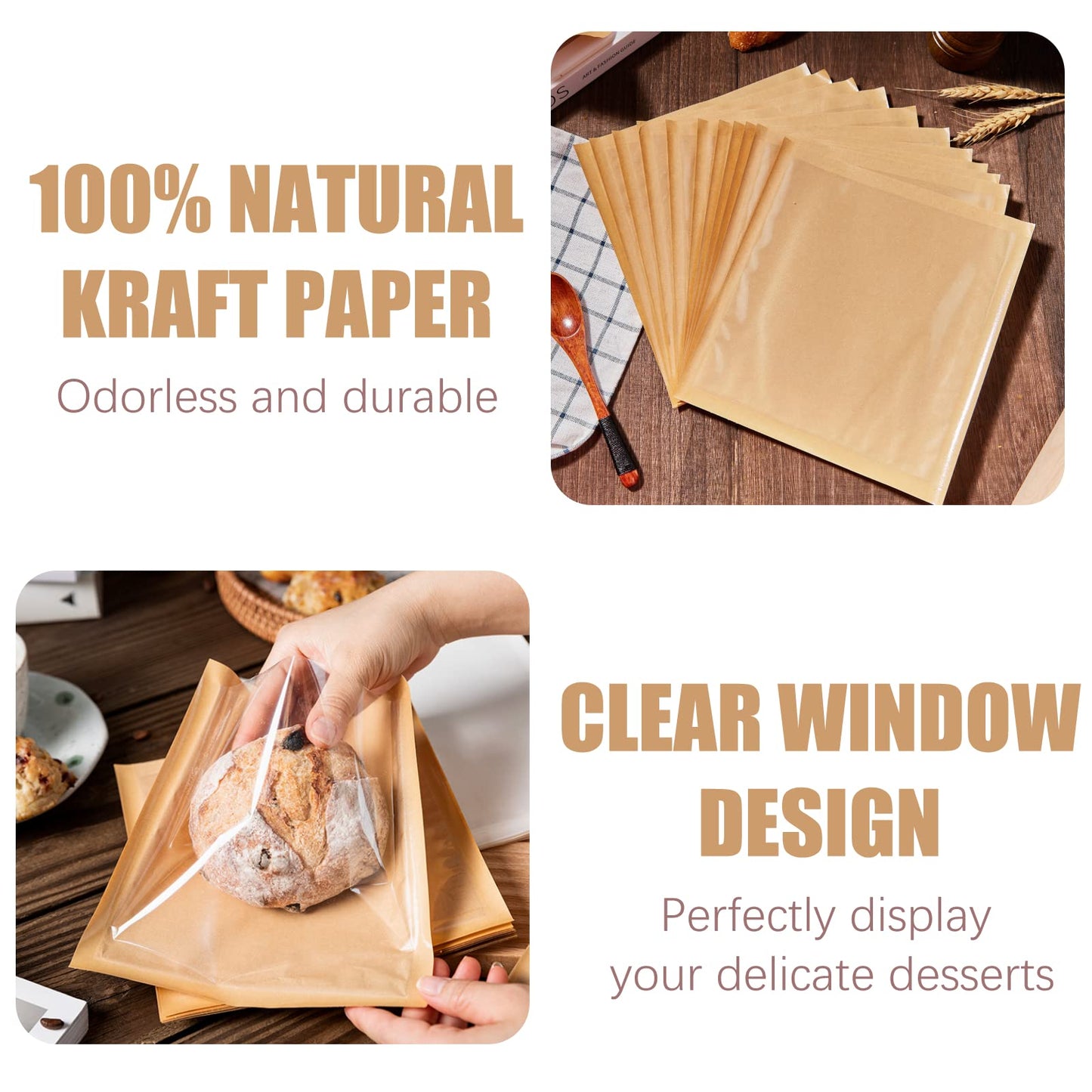 200 Pack Heat Sealable Bakery Bags with Window, Kraft Paper Sandwich Bags, Grease Resistant Cookies Bags To Go for Packaging Donut, Pastries and other Treats (7.5 x 7.1 Inches)