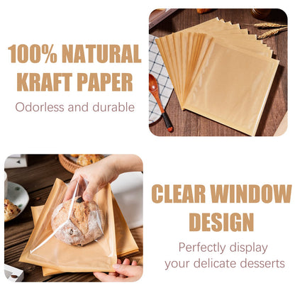 200 Pack Heat Sealable Bakery Bags with Window, Kraft Paper Sandwich Bags, Grease Resistant Cookies Bags To Go for Packaging Donut, Pastries and other Treats (7.5 x 7.1 Inches)