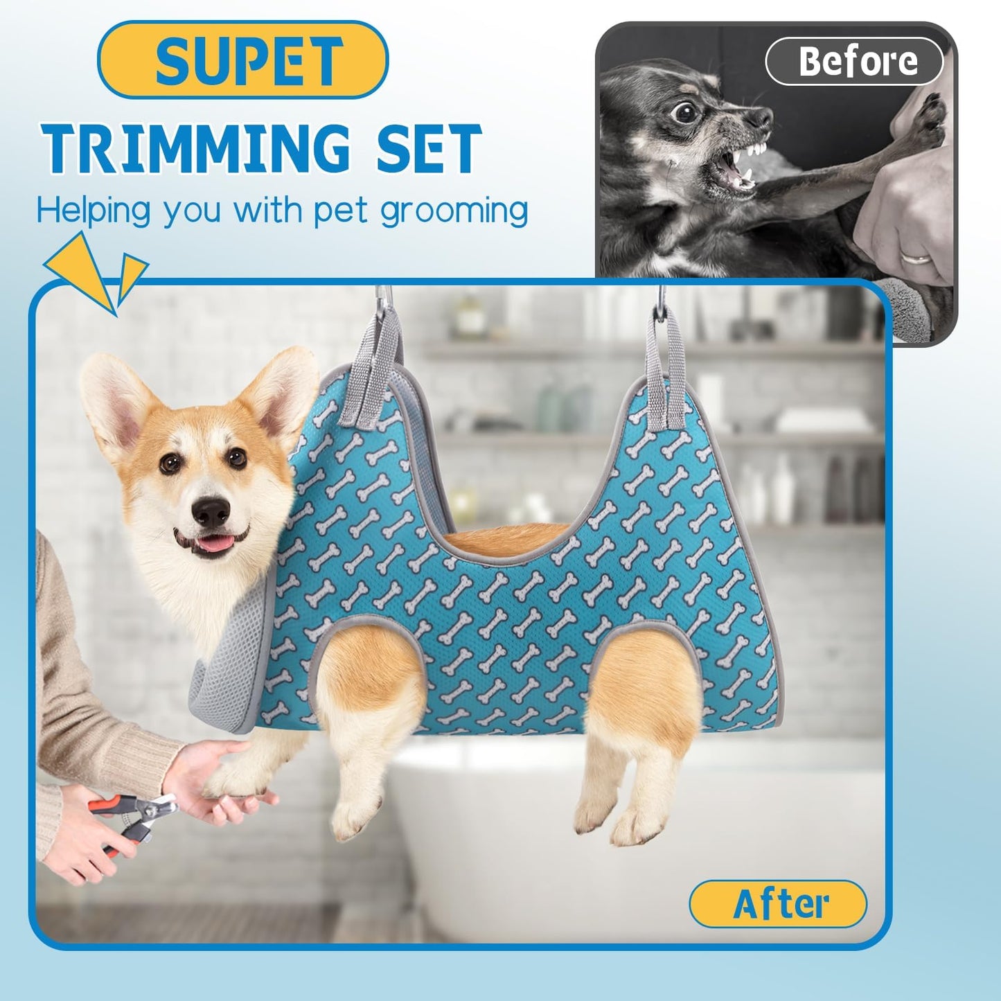Supet Dog Grooming Hammock for Small Dogs Cat, Relaxation Pet Grooming Hammock Restraint for Nail Trimming (Coral Blue, S（ Legs Spacing：7-10.2" / Max W：15-35LBS）)
