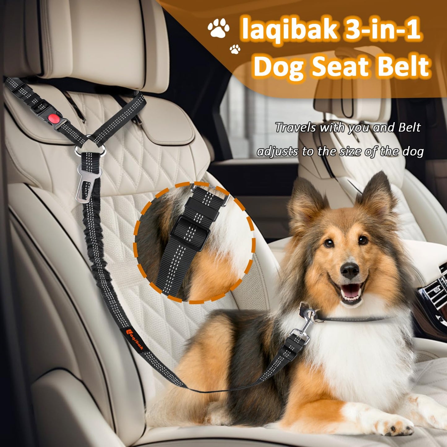 Removable Dog Seat Belt Harness for Car, 3 in 1 Pet Dog Car Seatbelt Leash, Retractable Restraint Secures to Vehicle Headrest & Adjustable Reflective Bungee Dog Seatbelt Tether, Blue and Black