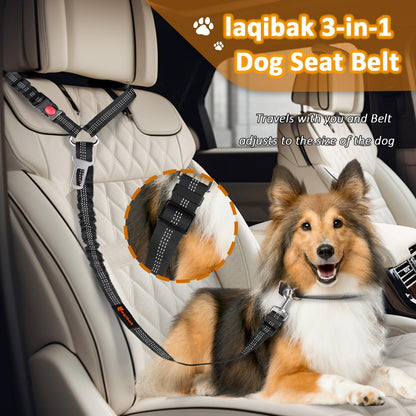 Removable Dog Seat Belt Harness for Car, 3 in 1 Pet Dog Car Seatbelt Leash, Retractable Restraint Secures to Vehicle Headrest & Adjustable Reflective Bungee Dog Seatbelt Tether, Blue and Black