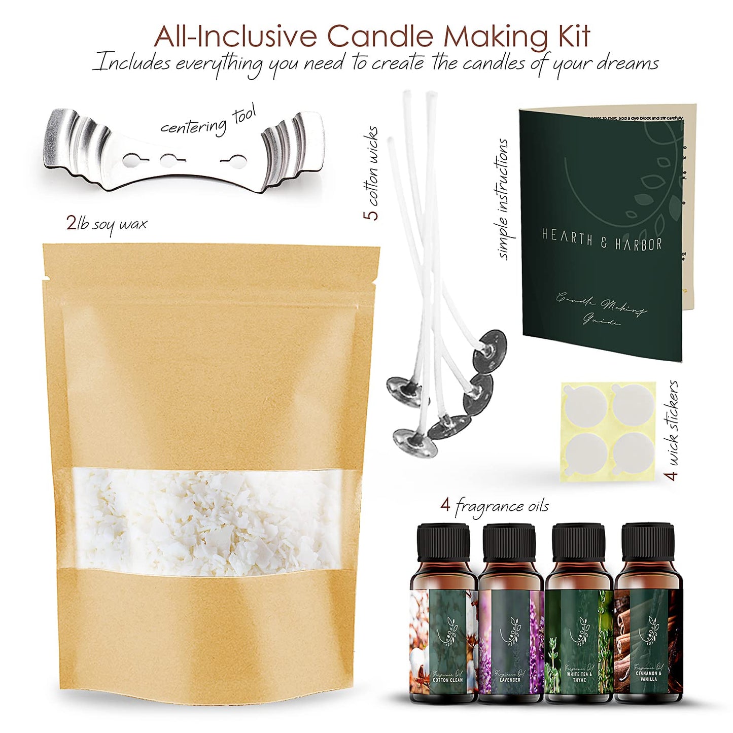 Hearth & Harbor Soy Candle Wax for Candle Making 10 lb Bag, Premium Natural Soy Wax Flakes, 100 Cotton Candle Wicks, 100 Wick Stickers, & 2 Centering Devices