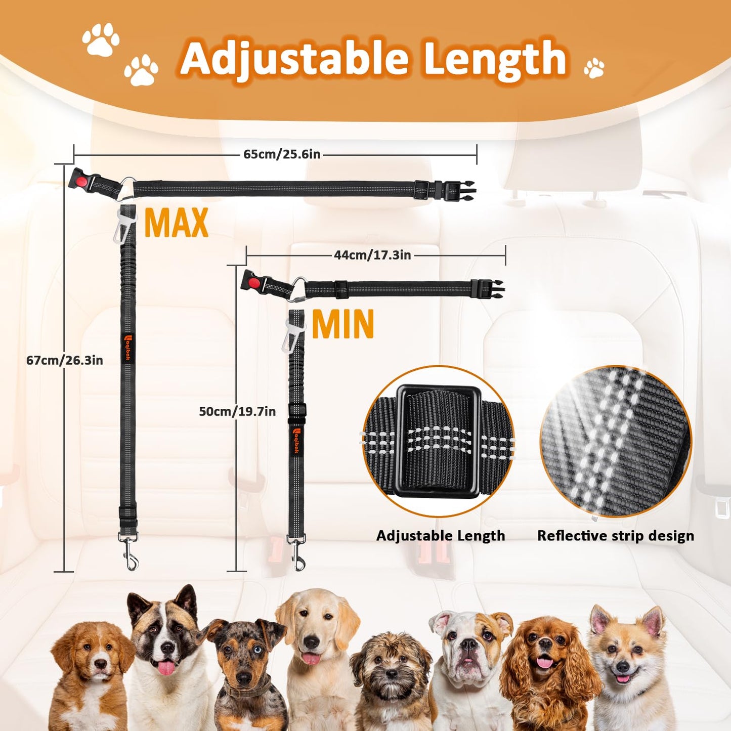 Removable Dog Seat Belt Harness for Car, 3 in 1 Pet Dog Car Seatbelt Leash, Retractable Restraint Secures to Vehicle Headrest & Adjustable Reflective Bungee Dog Seatbelt Tether, Blue and Black