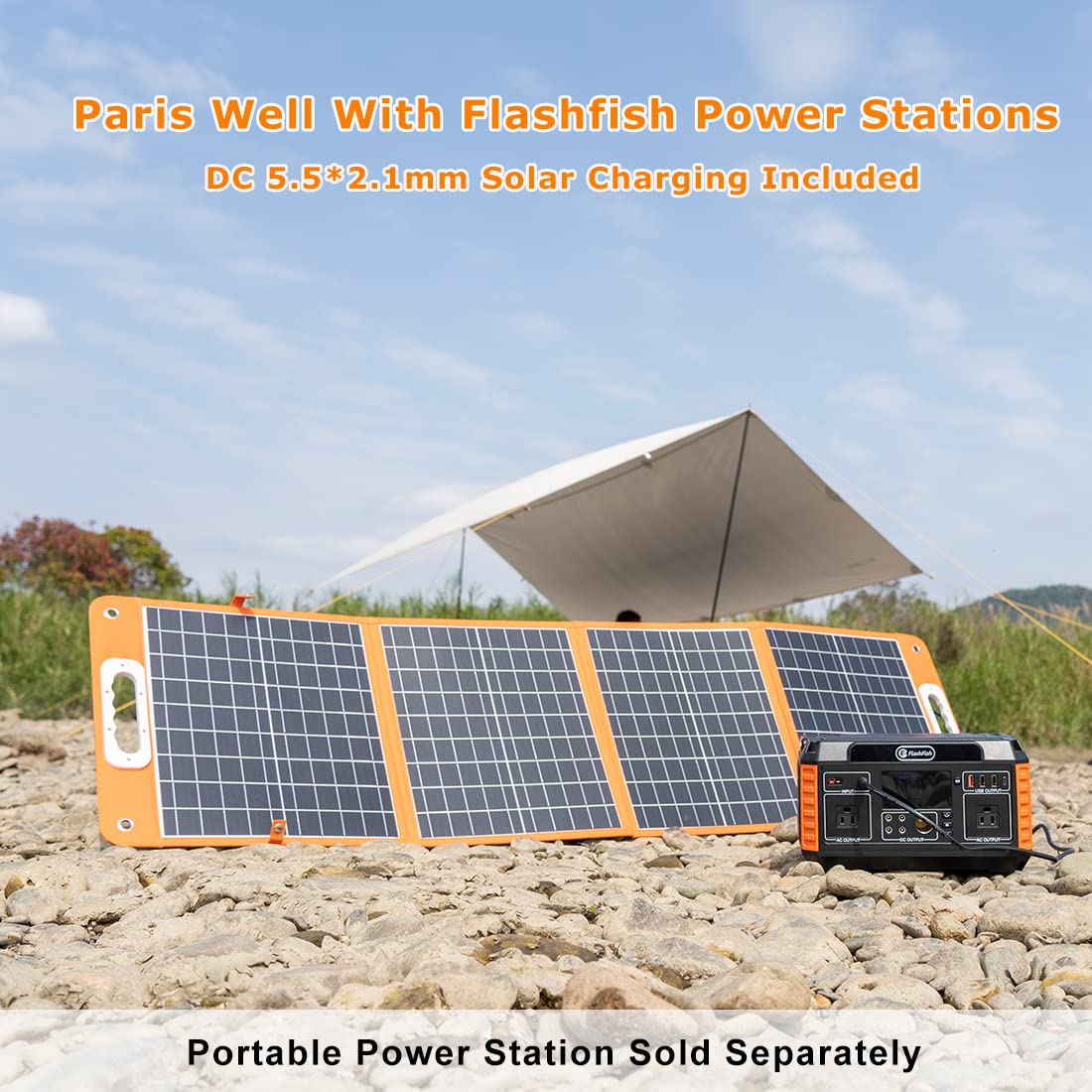 Foldable Solar Panel, FF FLASHFISH 18V/60W Portable Solar Charger Charge for Portable Power Station, Phone, Laptop, with DC Output, 45W USB-C, QC3.0 Port When Camping Fishing Van RV Road Trip