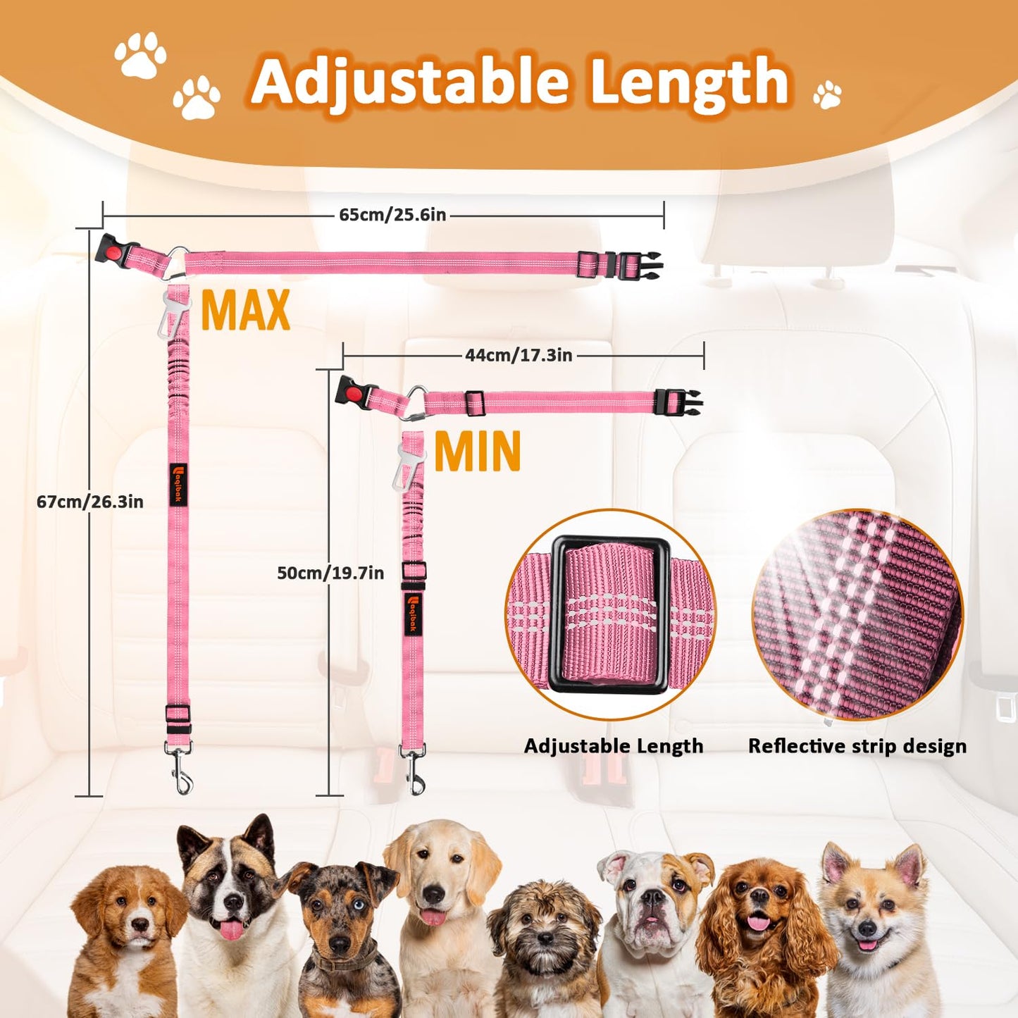 Removable Dog Seat Belt Harness for Car, 3 in 1 Pet Dog Car Seatbelt Leash, Retractable Restraint Secures to Vehicle Headrest & Adjustable Reflective Bungee Dog Seatbelt Tether, Blue and Black