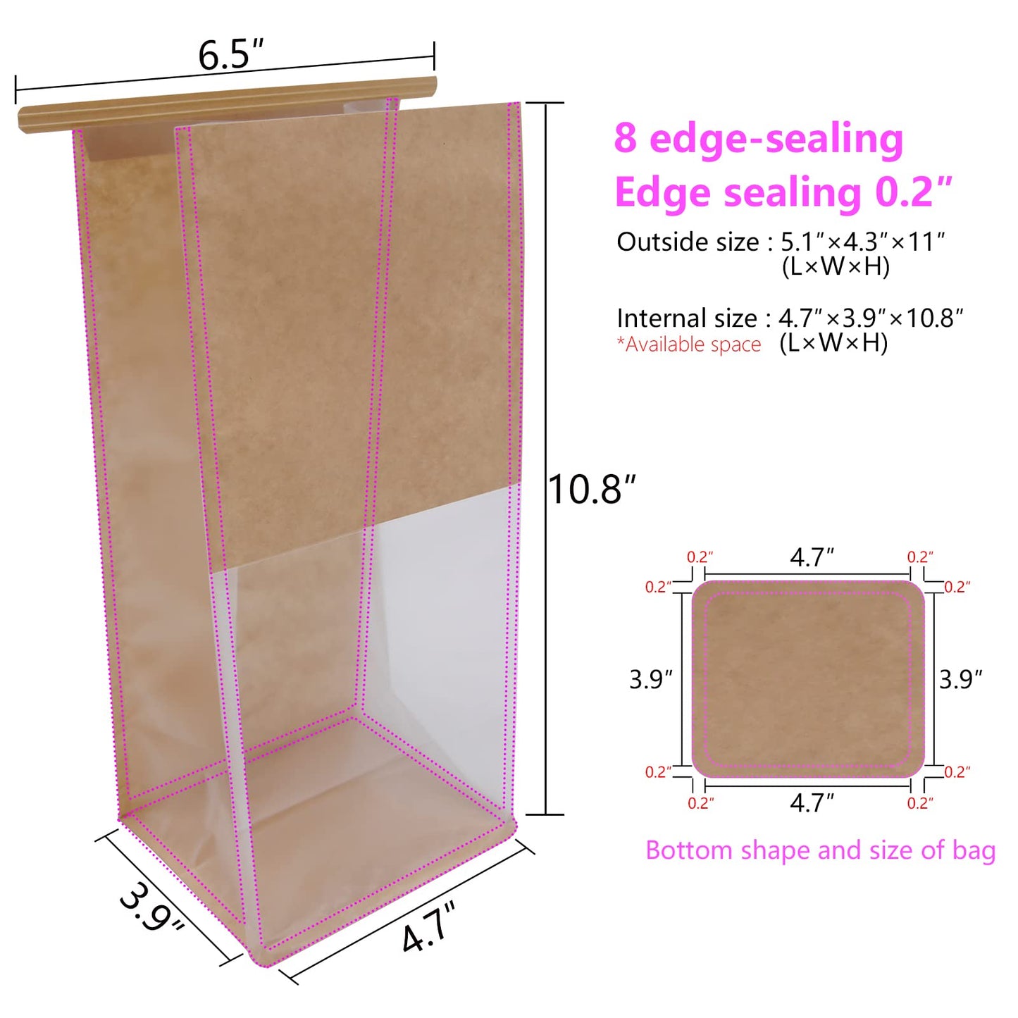 Bakery Bags with Window Cookie Bags for Packaging 50Pcs 5.1x4.3x11 Inches Brown Kraft Paper Tin Tie Tab Lock Candy Bags Treat Bags, Popcorn, Coffee Bags Resealable