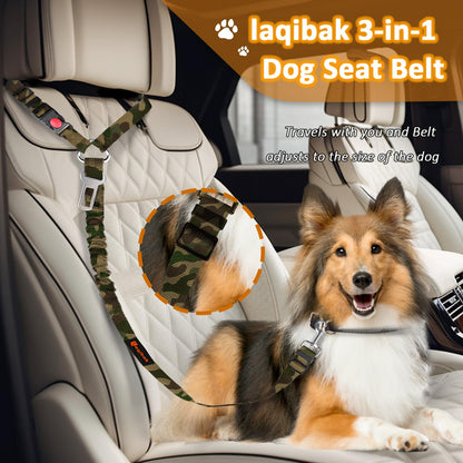 Removable Dog Seat Belt Harness for Car, 3 in 1 Pet Dog Car Seatbelt Leash, Retractable Restraint Secures to Vehicle Headrest & Adjustable Reflective Bungee Dog Seatbelt Tether, Blue and Black