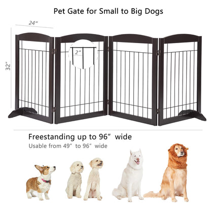 PAWLAND 144-inch Extra Wide 30-inches Tall Dog gate with Door Walk Through, Freestanding Wire Pet Gate for The House, Doorway, Stairs, Pet Puppy Safety Fence, Support Feet Included, Espresso,6 Panels