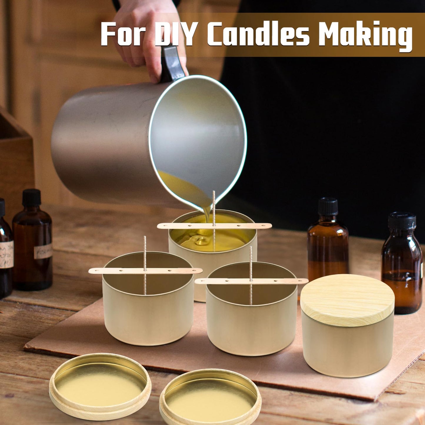 YJHSS 48-Pack White Candle Tins, 24pcs 8oz + 24pcs 4oz Candle tins with Metal Wood-Grain Printing Lids, Empty Candle Jars for Making Candles, Bulk Candle Containers Candle Making Jars for Christmas