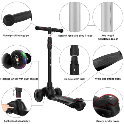 Allek Kick Scooter B03 for Kids (3-12 Years) — Style, Fun, and Safety on 3 Wheels with LED Lights, Adjustable Handlebar, and Reinforced Deck (Black)