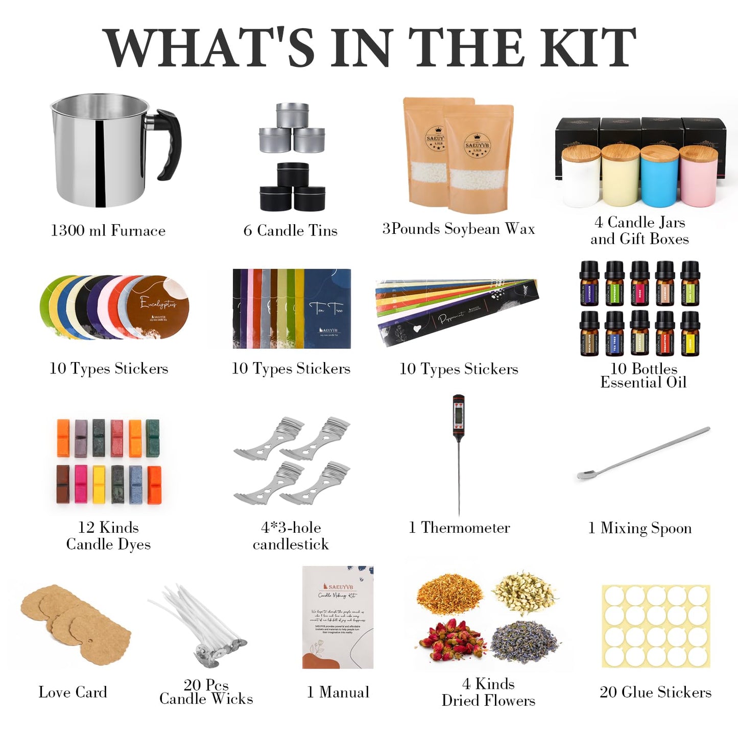 SAEUYVB Candle Making Kit - DIY Starter Soy Candle Making Supplies/Kit - Soy Wax, 10 Jars & Tins, 10 Pleasant Scents, Color Dyes & More，Perfect Candle Making Kit for Adults