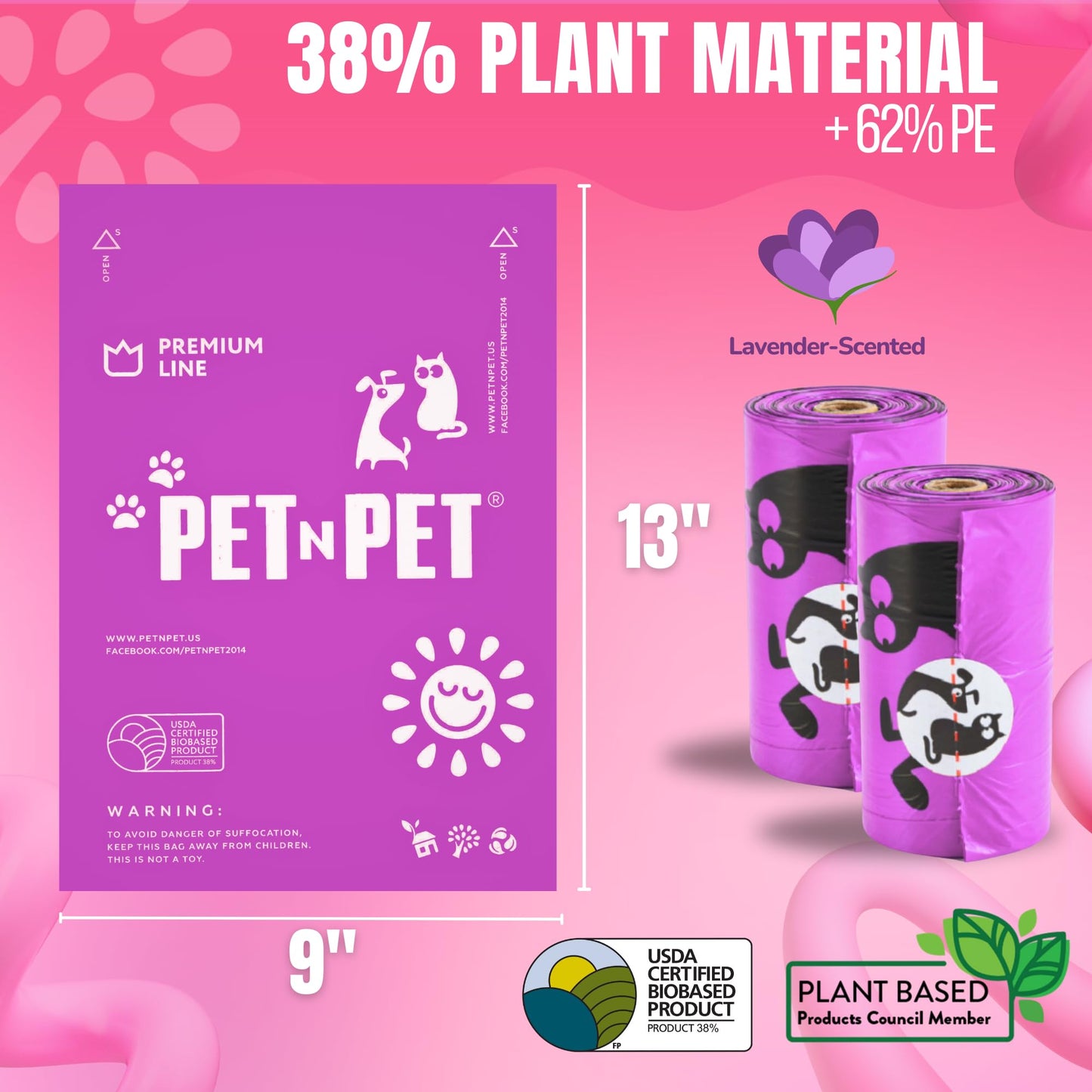 Pet N Pet Poop Bags for Dogs, 288 Counts Lavender Scented Dog Poop Bags Rolls with Leash Dispenser, USDA Certified 38% Plant Based & 62% PE Dogs Waste Bag, Doggie Poo Bag