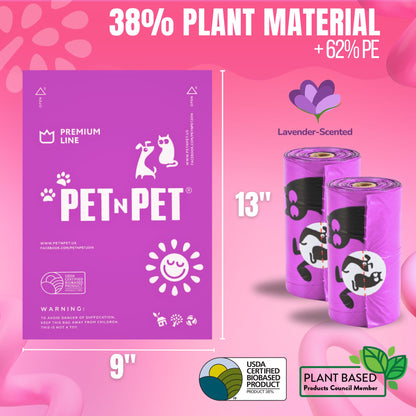 Pet N Pet Poop Bags for Dogs, 288 Counts Lavender Scented Dog Poop Bags Rolls with Leash Dispenser, USDA Certified 38% Plant Based & 62% PE Dogs Waste Bag, Doggie Poo Bag