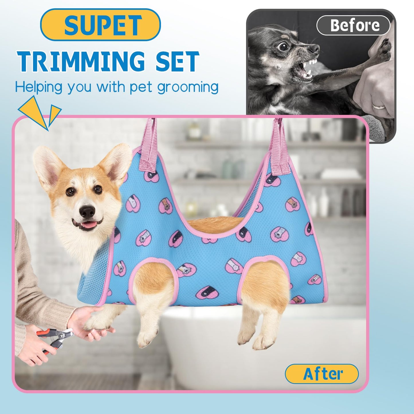 Supet Dog Grooming Hammock for Small Dogs Cat, Relaxation Pet Grooming Hammock Restraint for Nail Trimming (Coral Blue, S（ Legs Spacing：7-10.2" / Max W：15-35LBS）)